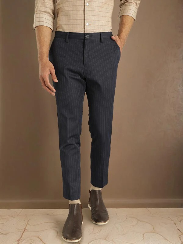 Indian Terrain Men's Comfort Fit Striped Navy Trousers